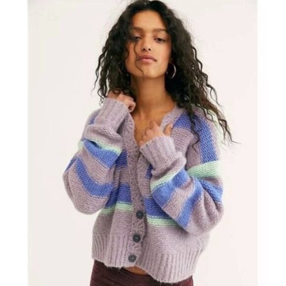 Free People Fine Time Knit Striped Oversized Cardigan Sweater Top Boho Small - Picture 1 of 8